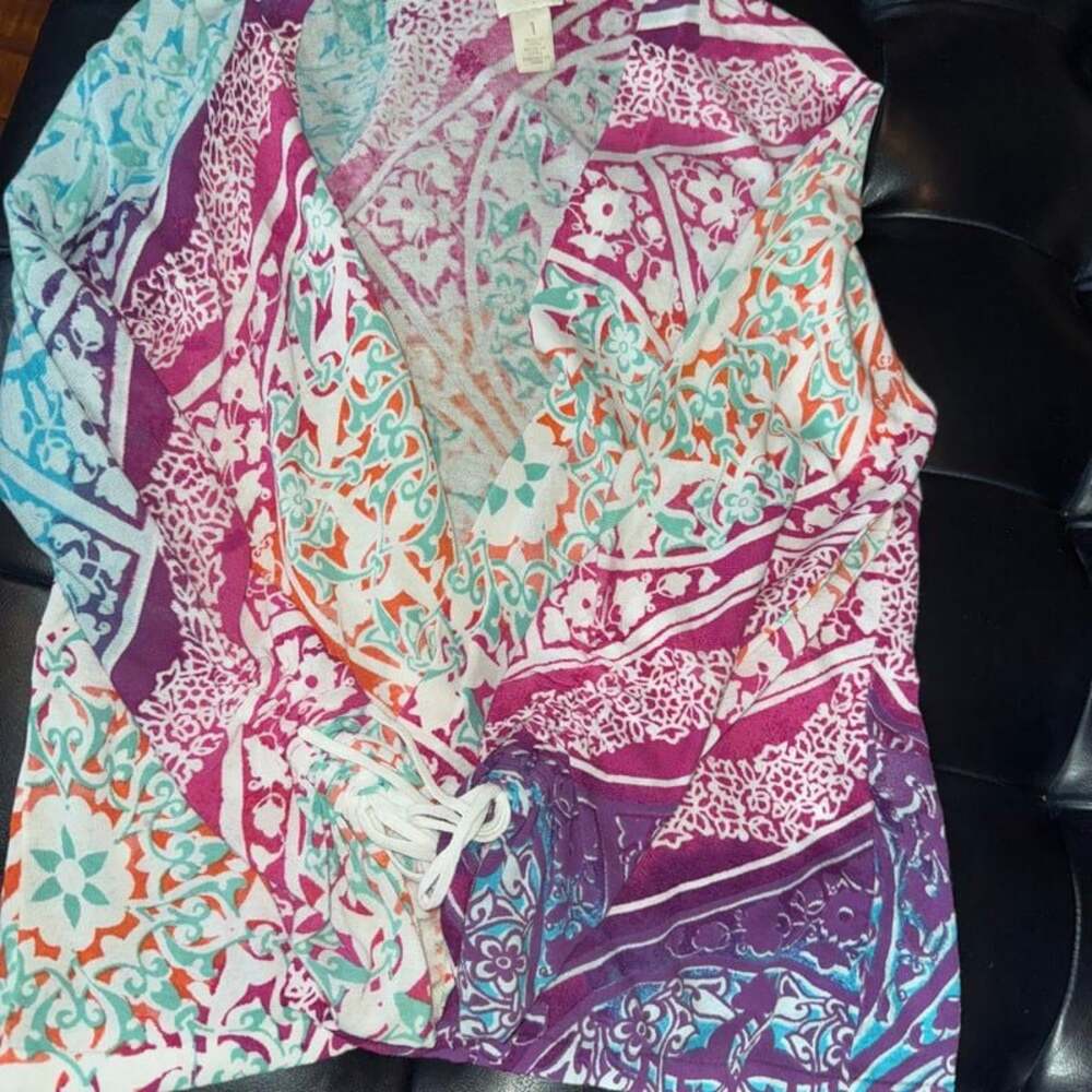 Chico's Multicolor Medallion Print Ruched Sleeve Open Front Cardigan